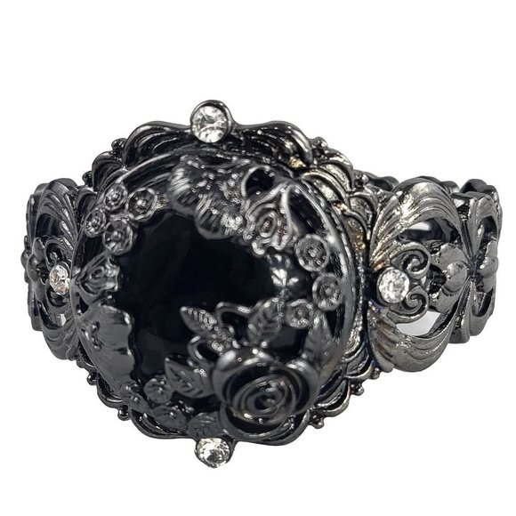 Jewelry - Gunmetal Tone Floral Stretch Bracelet with Black Stone & Crystals